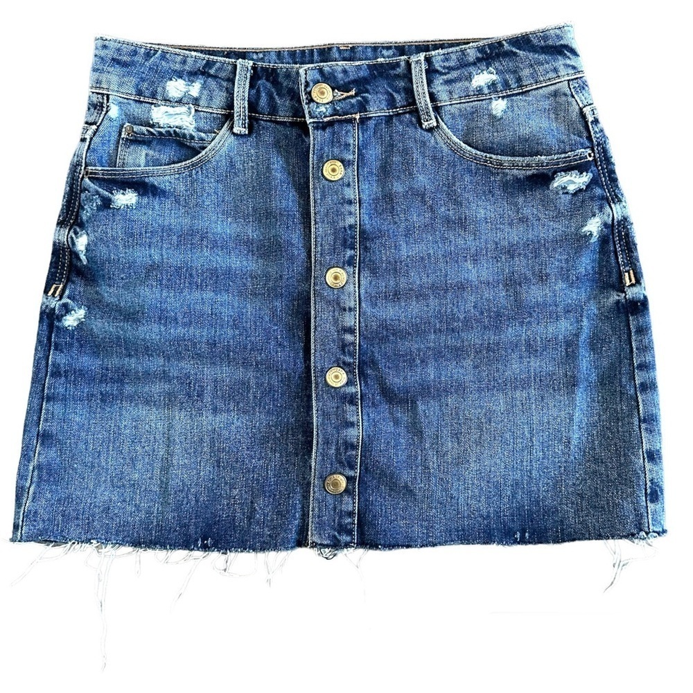 Zara Trafaluc Distressed Denim Boho Button Front Western Mini Skirt Size Small